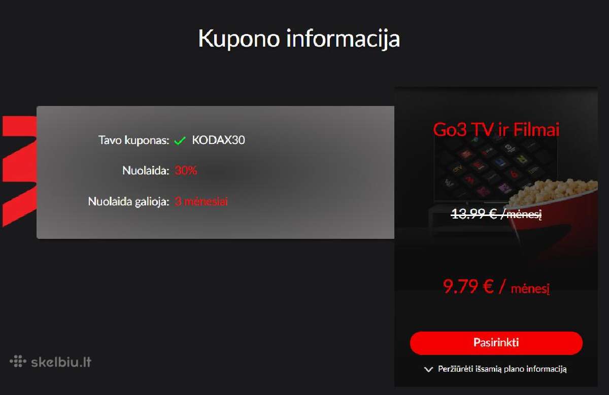 Go3 „TV ir filmai" – 30% nuolaida 9,79 €/mėn.