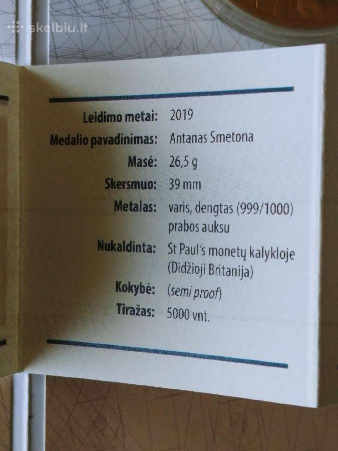 A. Smetonai dedikuotas paauksuotas medalis/moneta - nuotraukos Nr. 2