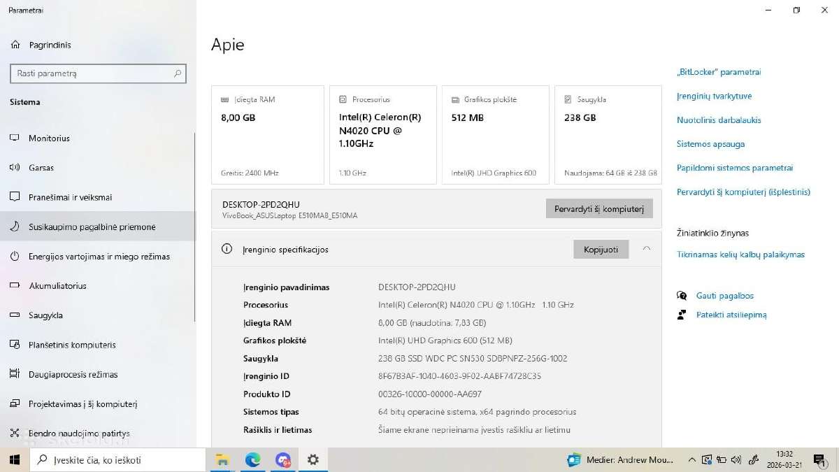 Asus kompiuteris viva book e510m - nuotraukos Nr. 4