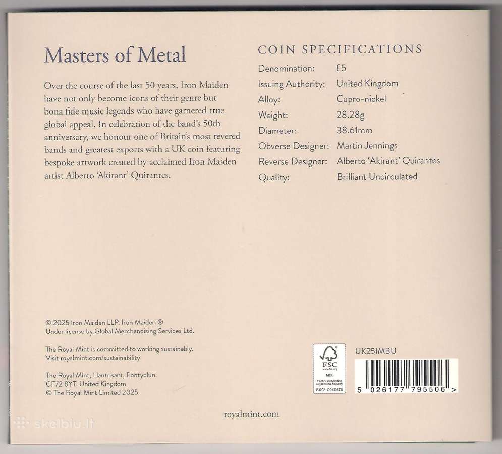 Muzikos legendos- Iron Maiden 2025 Jk 5£ Bu moneta - nuotraukos Nr. 2