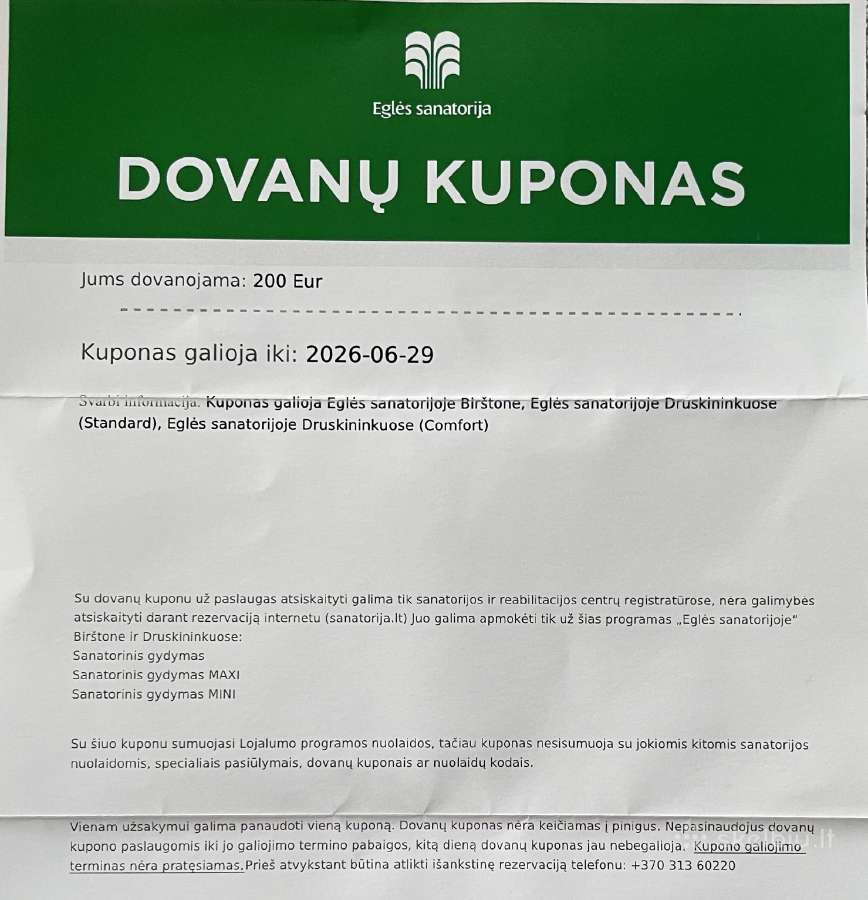 Eglės sanatorijos 200 eurų dovanų kuponas