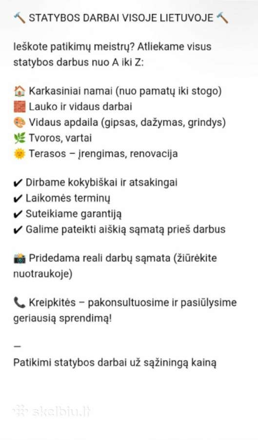 Statybos darbai,nuo pamatu iki stogo .