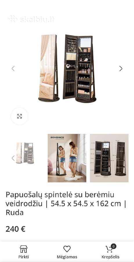 Balta Papuošalų spintelė su veidrodžiu