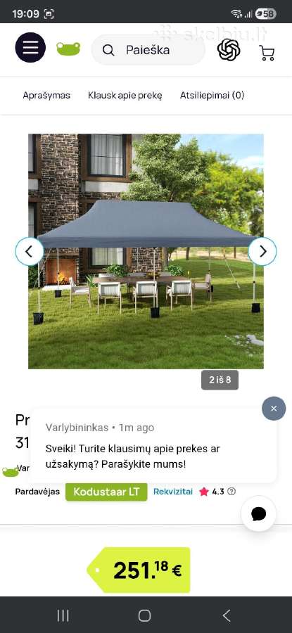 Pavėsinė 610x305x317-317,5 cm pilka.