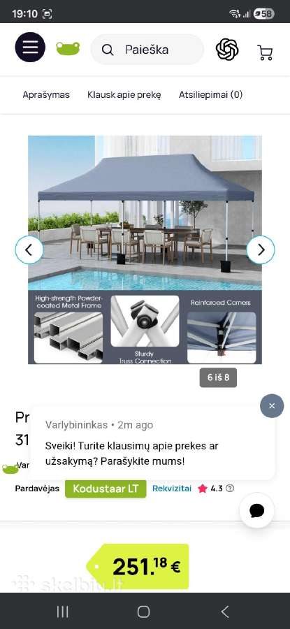Pavėsinė 610x305x317-317,5 cm pilka. - nuotraukos Nr. 6