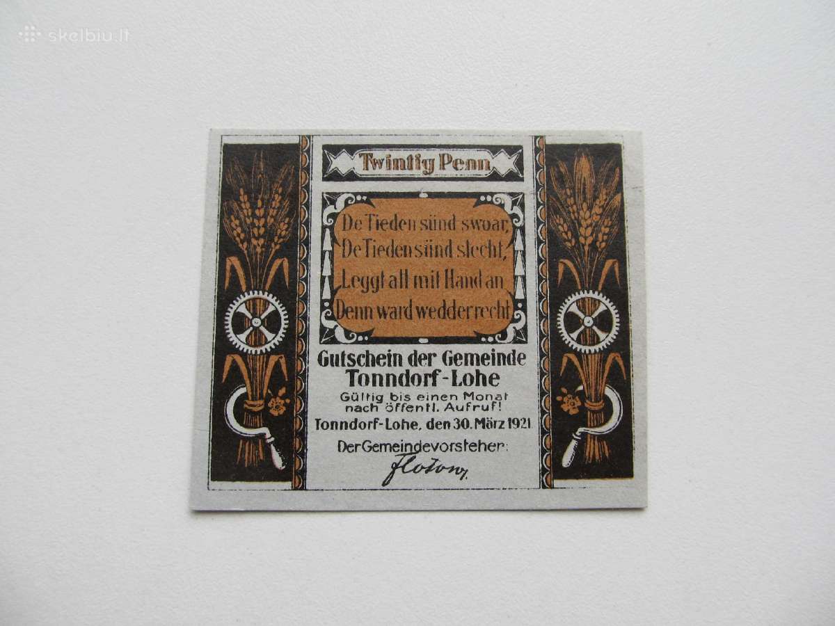 Notgeldas 20 pfennig , Tonndorf Vokietija , 1921