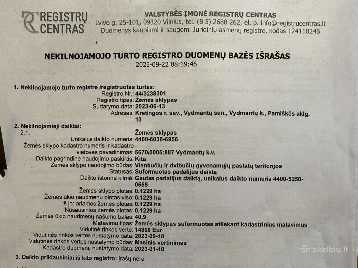Kretingos raj., Vydmantų kaimas. Sklypai