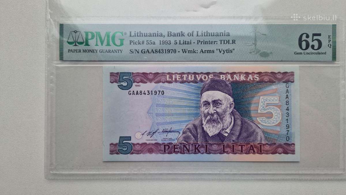 1993m 5 litu banknotas (Jablonskis) Pmg65