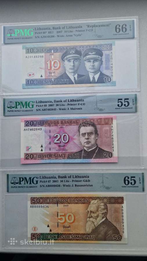 Sertifikuoti litų banknotai 10 lt 20 lt bei 50lt