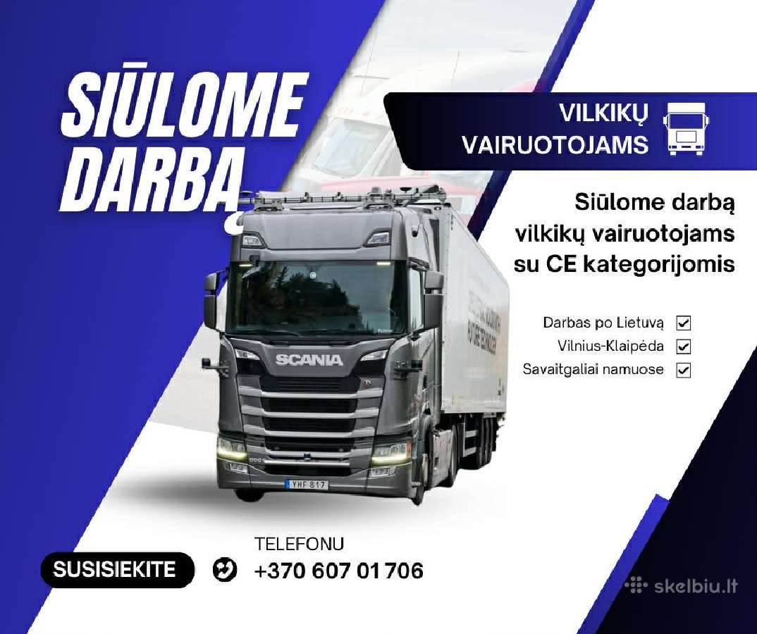 Siūlome darbą, vilkikų vairuotojams po Lietuvą.