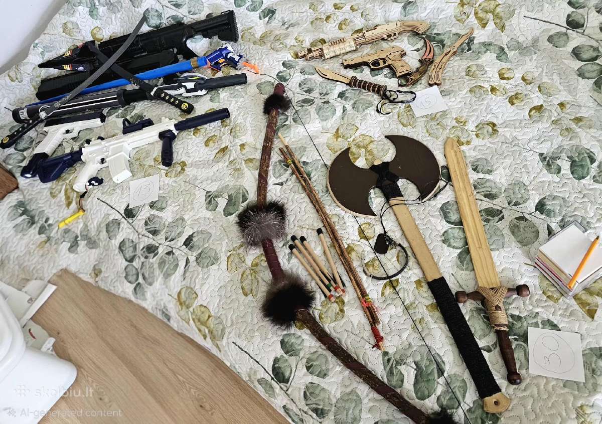 Mediniai žaisliniai ginklai; lankas kardas,