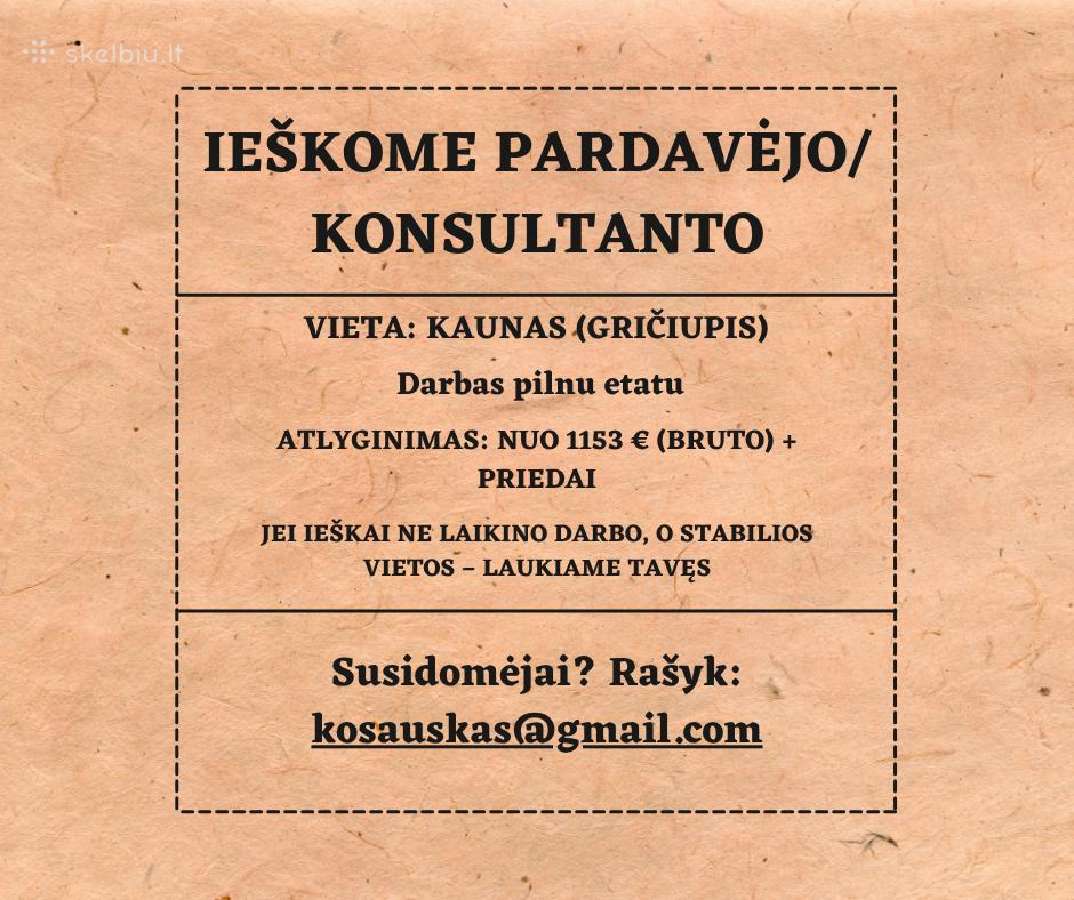 Ieškome Pardavėjo / Konsultanto Kaune