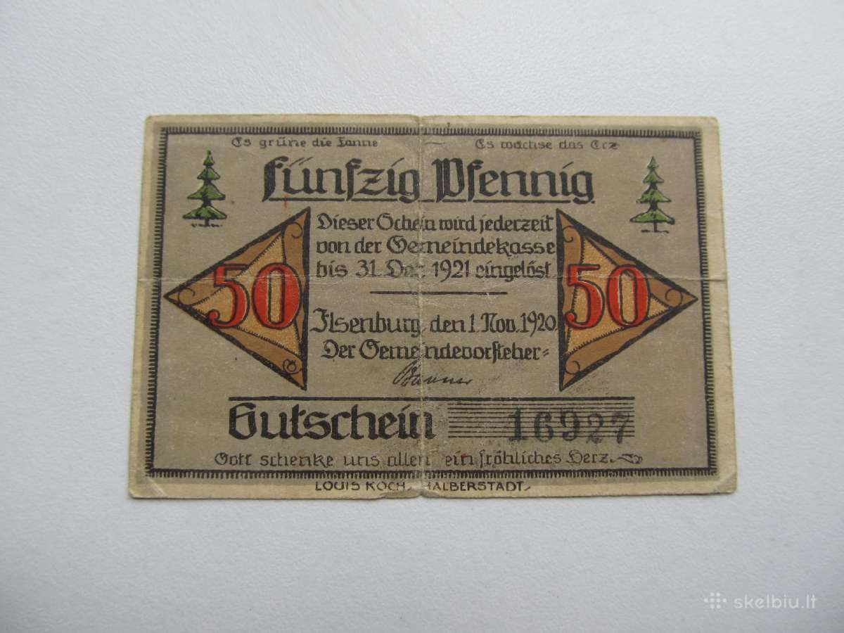 Notgeldas 50 pfennig , Ilsenburg Vokietija , 1920