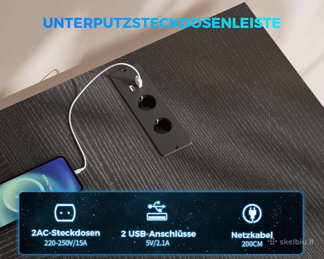 Juodas žaidimų stalas su 2 lizdais LED apšvietimu - nuotraukos Nr. 5