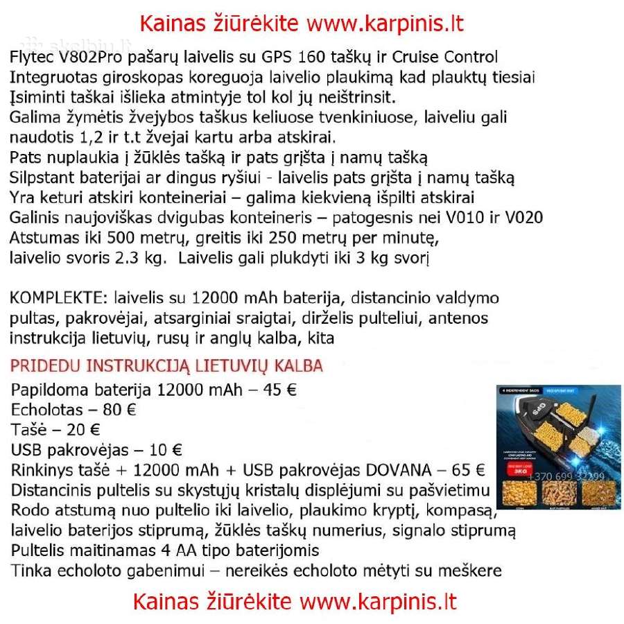Flytec V802 Pro pašarų laivelis su GPS 160 taškų - nuotraukos Nr. 2