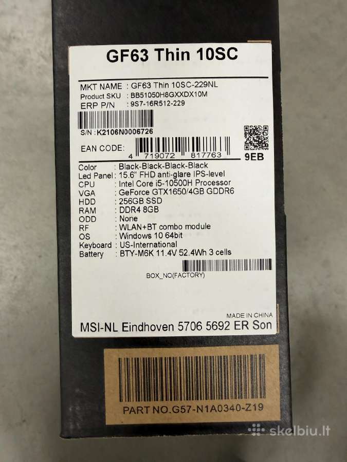Msi Gf63 Thin 10sc 15.6" i5 8gb 256gb SSD 300eur - nuotraukos Nr. 3