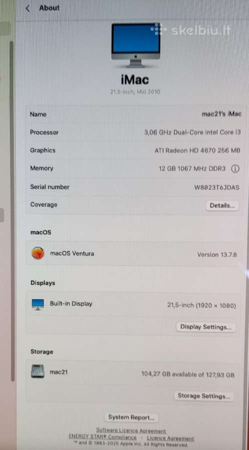 iMac 21inch 2010, 12gb, 240ssd, Ventura OS - nuotraukos Nr. 4