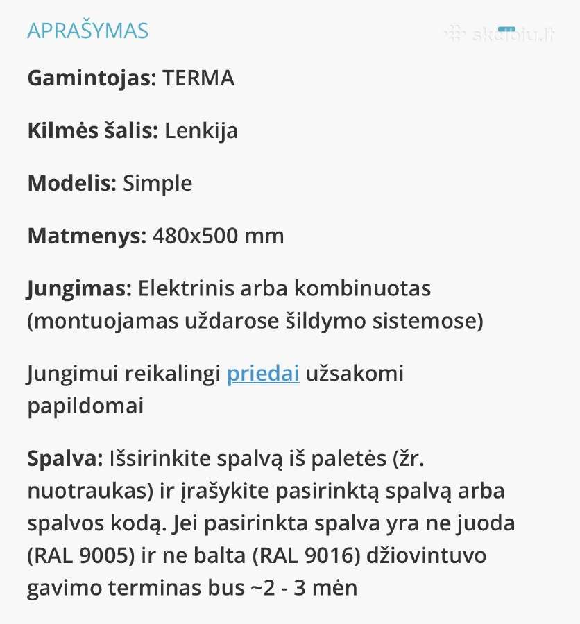 Rankšluosčių džiovintuvas Terma Simple - nuotraukos Nr. 4