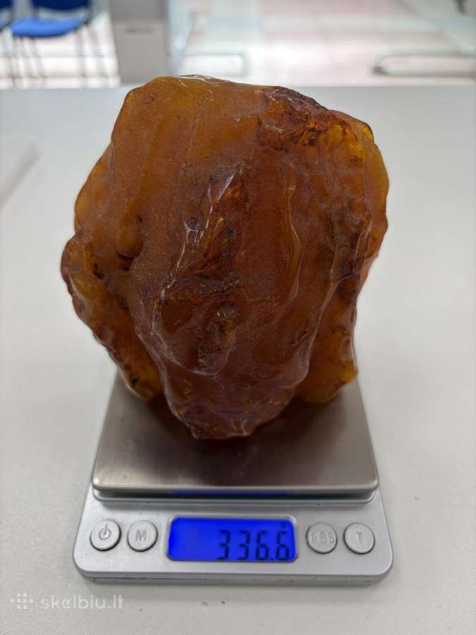 Gintaro grynuolis svoris 336g. Kaina 1000 Eur