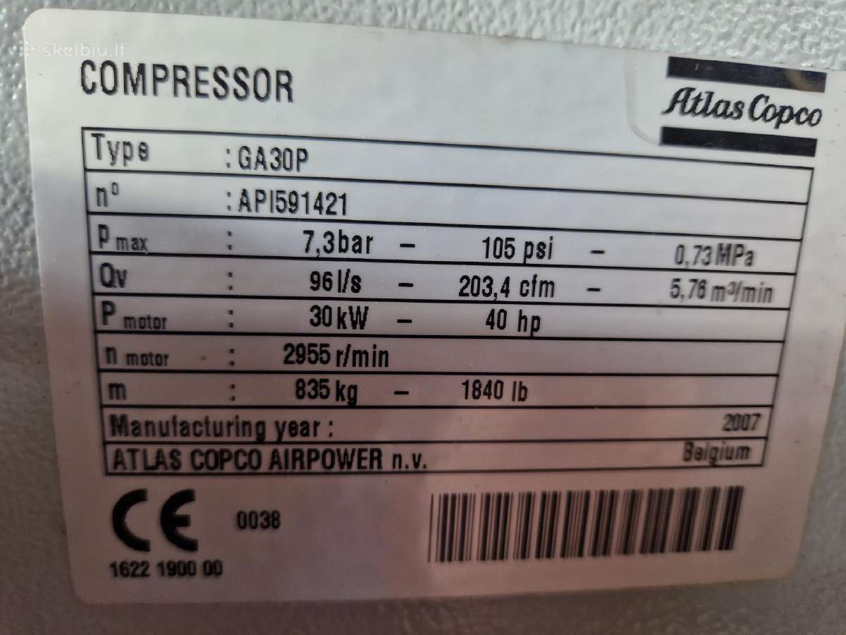 Kompresorius Atlas Copco Ga30+ff - nuotraukos Nr. 5