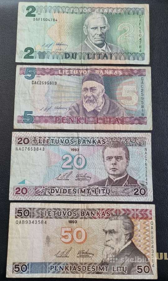 1993 m. banknotai 2 Lt, 5 Lt, 20 Lt, 50 Lt