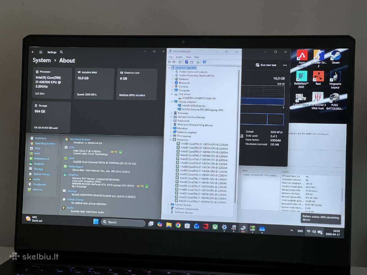 Parduodamas Msi Gp66 su Rtx 3070, I7-10k, 1tb. - nuotraukos Nr. 8