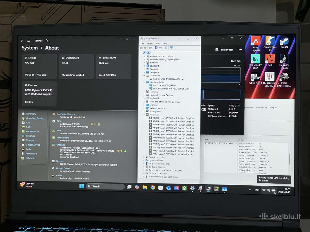 Parduodamas Msi Thin su Rtx 3050, Ryzen 5, Ddr5. - nuotraukos Nr. 8
