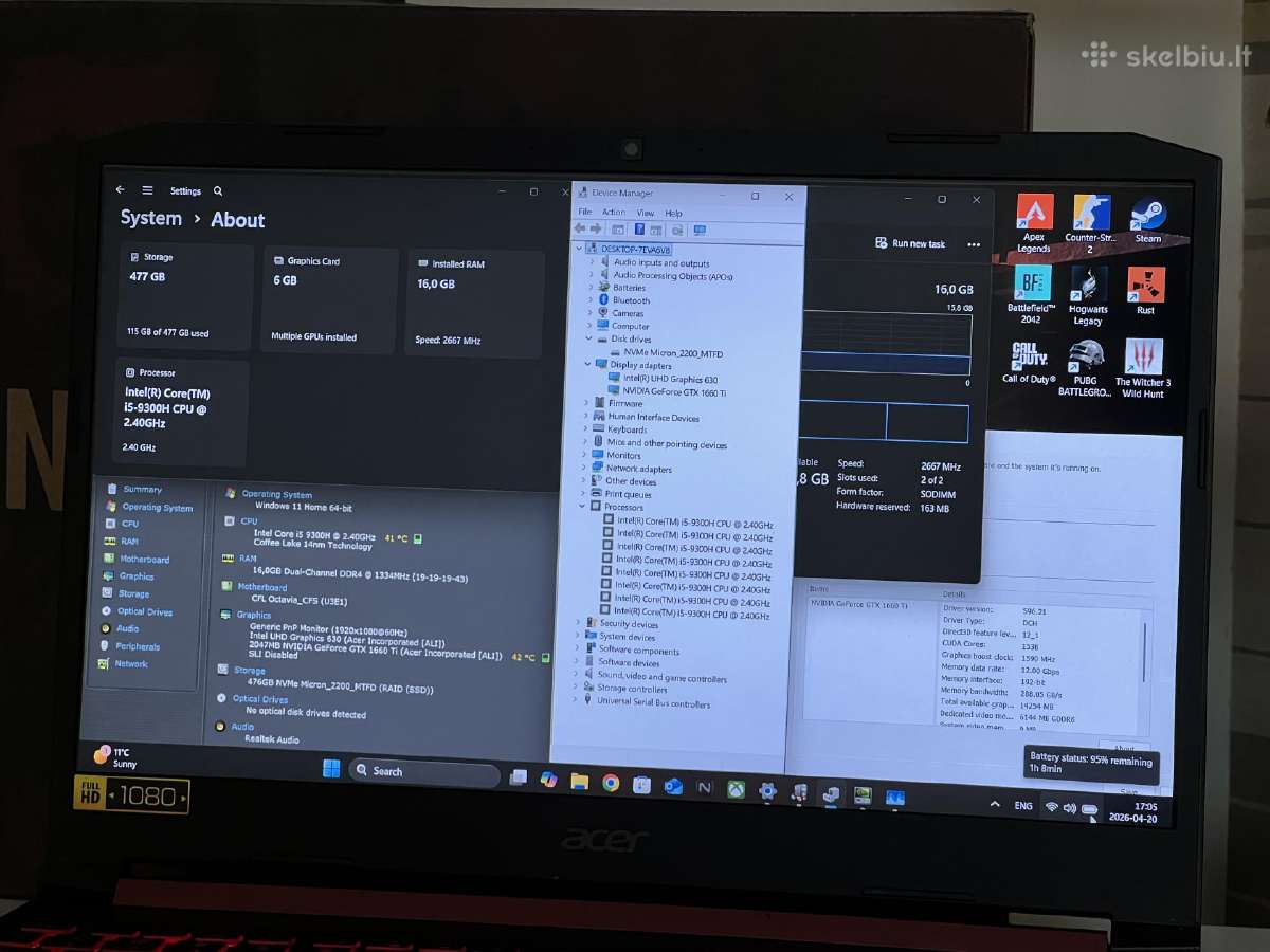 Parduodamas Acer Nitro 5 su Gtx 1660ti, I5-9k. - nuotraukos Nr. 8