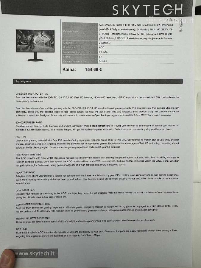 Monitor Aoc 1920*1080 300 Hz for gaming