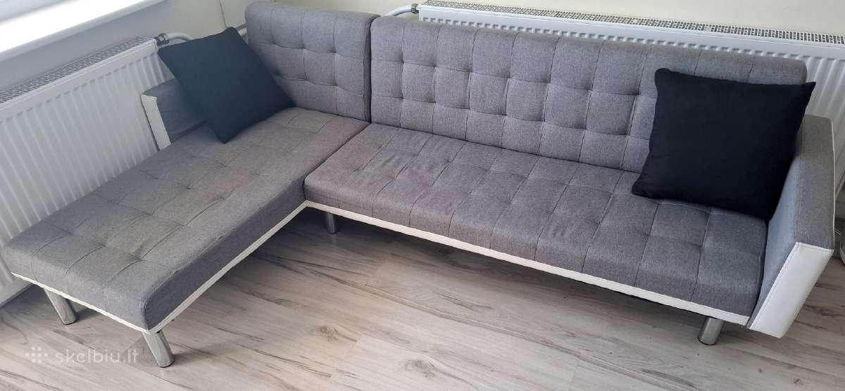 Kampinė sofa lova, 218x155x69 cm, balta ir pilka