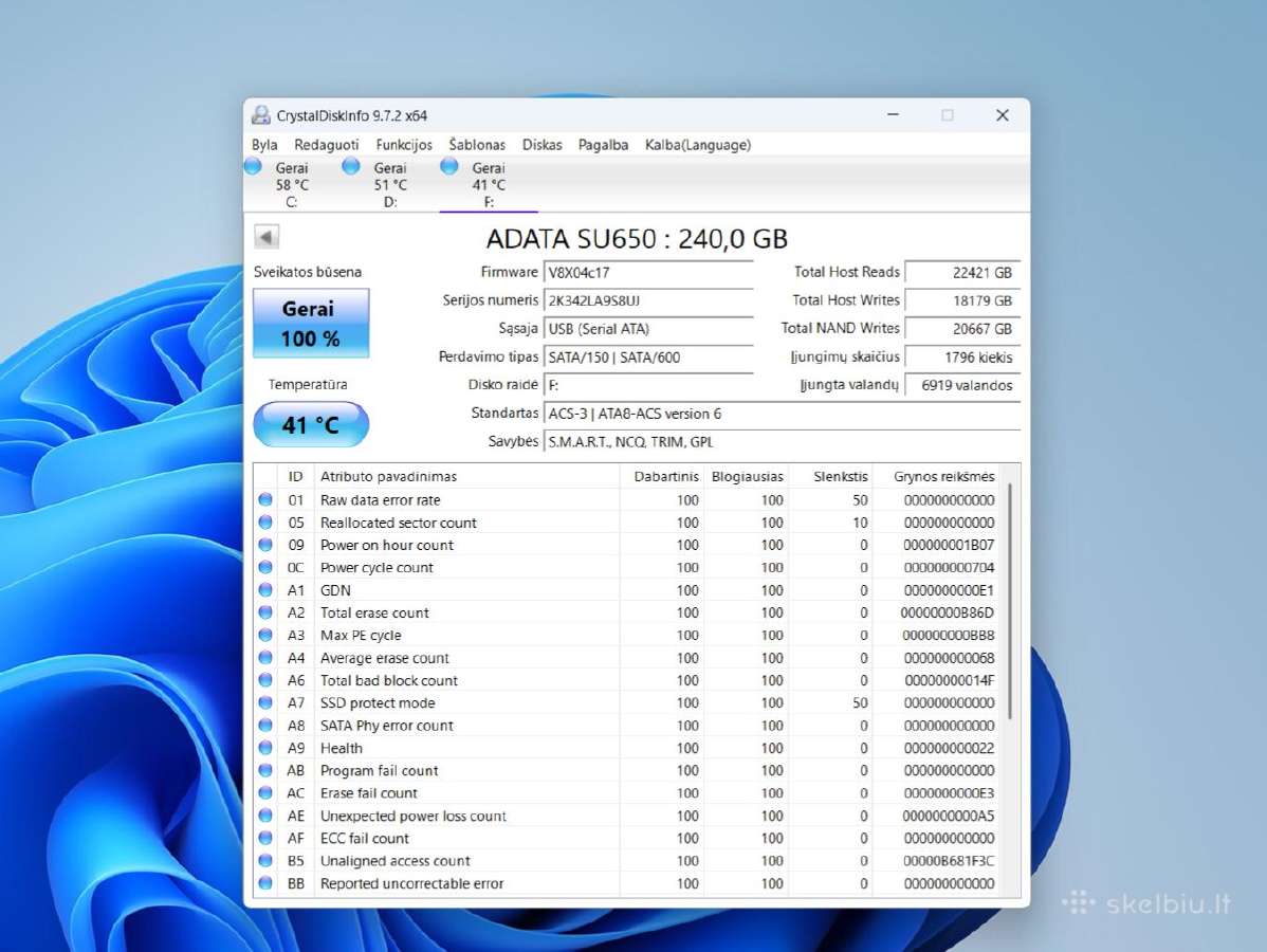 100% sveikatos 240gb Sata SSD Adata Su650 - nuotraukos Nr. 2