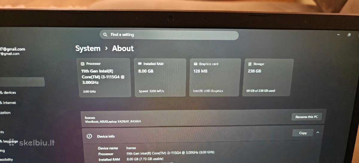 Asus vivobook 14 i3-1115g4,8gb RAM, 256gb SSD - nuotraukos Nr. 2