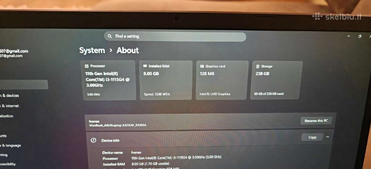 Asus vivobook 14 i3-1115g4,8gb RAM, 256gb SSD - nuotraukos Nr. 3