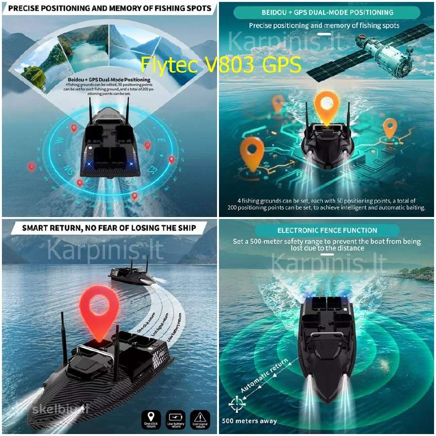 Flytec V803 GPS pašarų laivelis su GPS 200 taškų - nuotraukos Nr. 7
