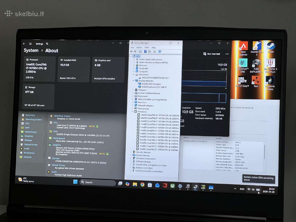Parduodamas Msi Gf65 su Gtx 1660ti, I7-10k, 144hz. - nuotraukos Nr. 8