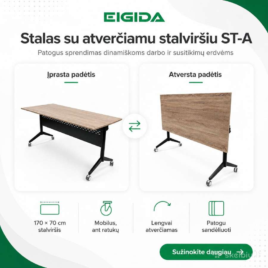 Stalas su atverčiamu stalviršiu St-a, 170x70 cm
