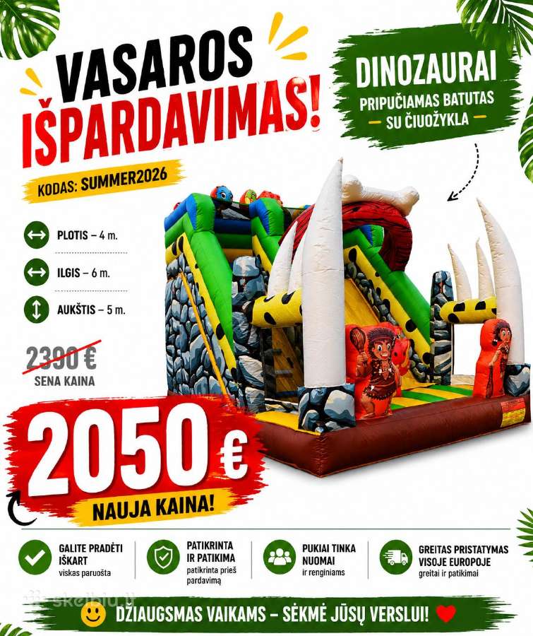 Akcija ! 2050€ pripučiamas batutas Dinozaurai