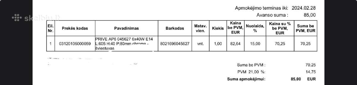 Prive ap6 cromo sieninis šviestuvas - nuotraukos Nr. 2