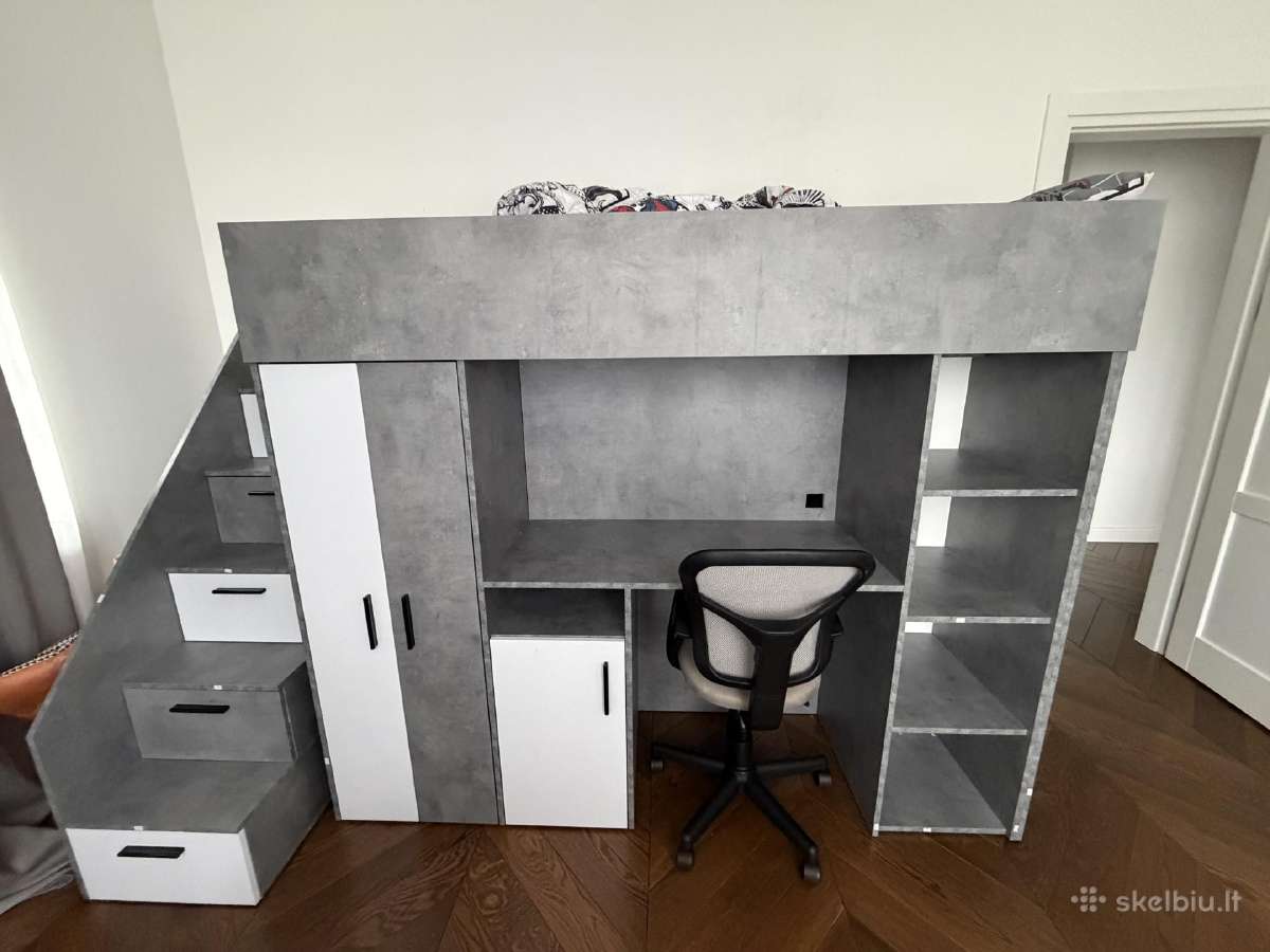 Loft lova + darbo stalas + spinta + čiužinys (piln