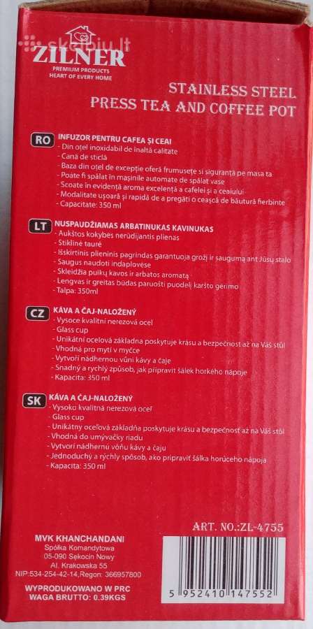 Nuspaudžiamas arbatinukas kavinukas Zilner - nuotraukos Nr. 2