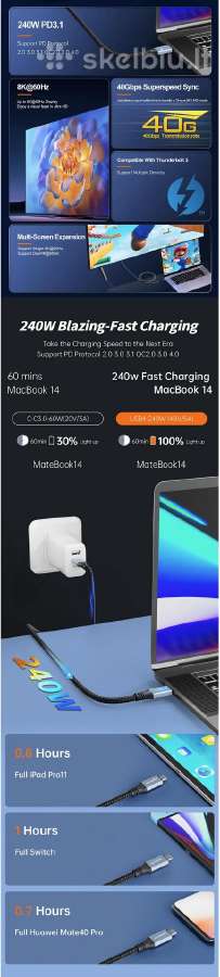 0.3m. Usb4 Type-c kabelis 40gbps 240w 8k - nuotraukos Nr. 4