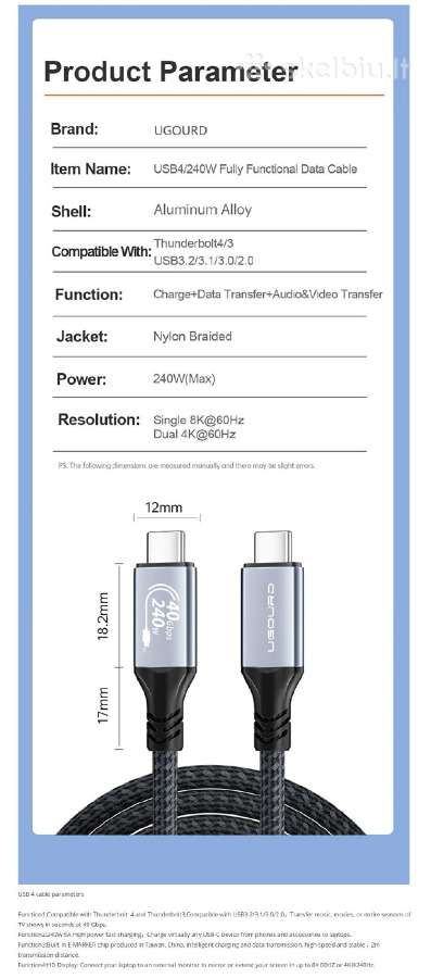 0.5m. Usb4 Type-c kabelis 40gbps 240w 8k - nuotraukos Nr. 6