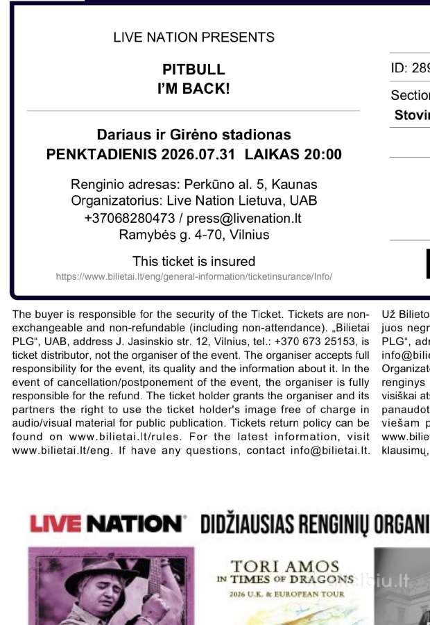 Parduodu bilietą į Pitbulio koncertą