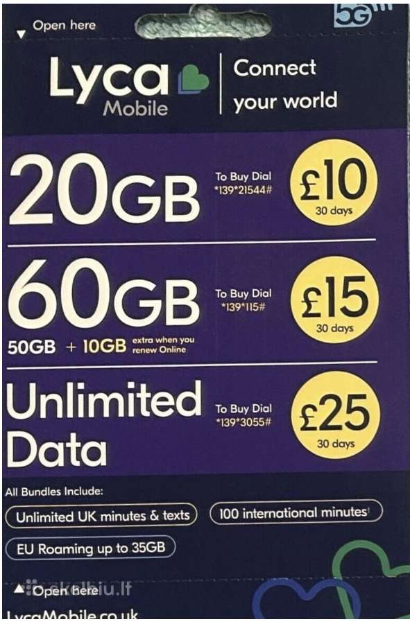 Lyca Mobile UK sim 10€ vnt