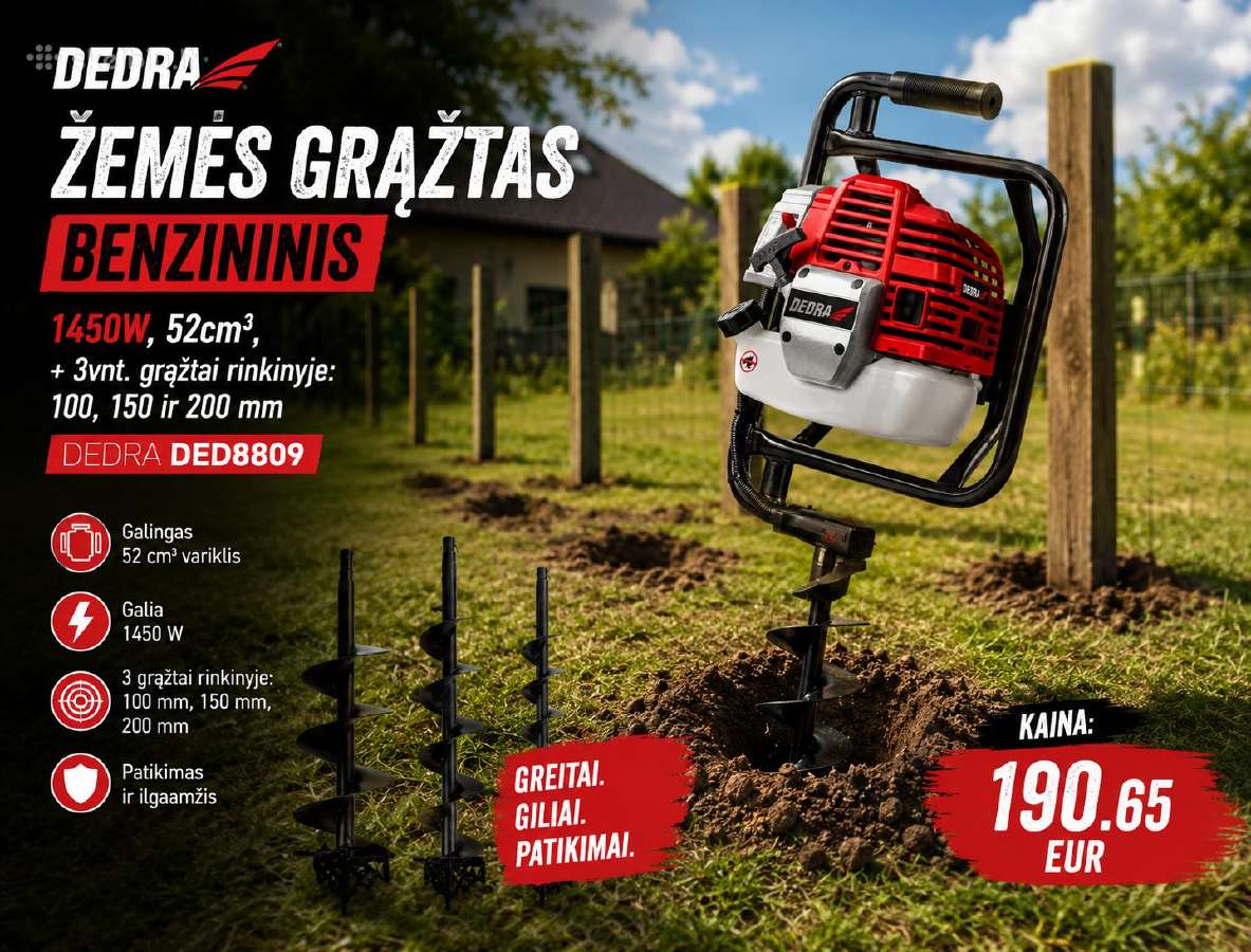 Benzininis žemės grąžtas su trimis grąžtais Dedra