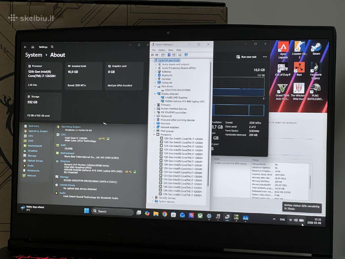 Parduodamas Msi Gf63 su Rtx 4060, I7-12k, 1tb. - nuotraukos Nr. 8