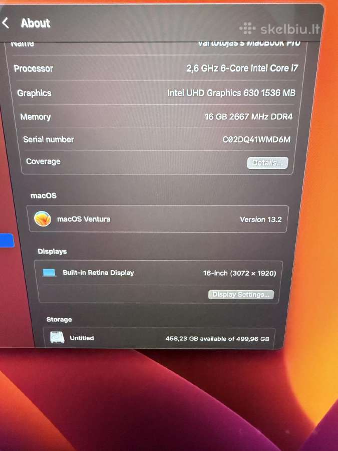 Neveikiantis Apple MacBook Pro16 (2019) Space Gray - nuotraukos Nr. 3