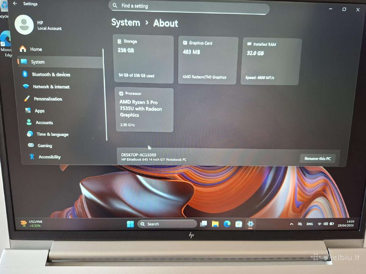 Hp Elitebook 645 G11 14col. Touch Screen 32gb RAM - nuotraukos Nr. 6