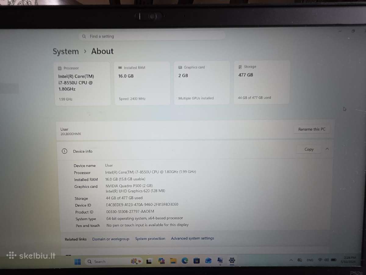 Lenovo Thinkpad P52s Workstation i7/16gb/512ssd - nuotraukos Nr. 6