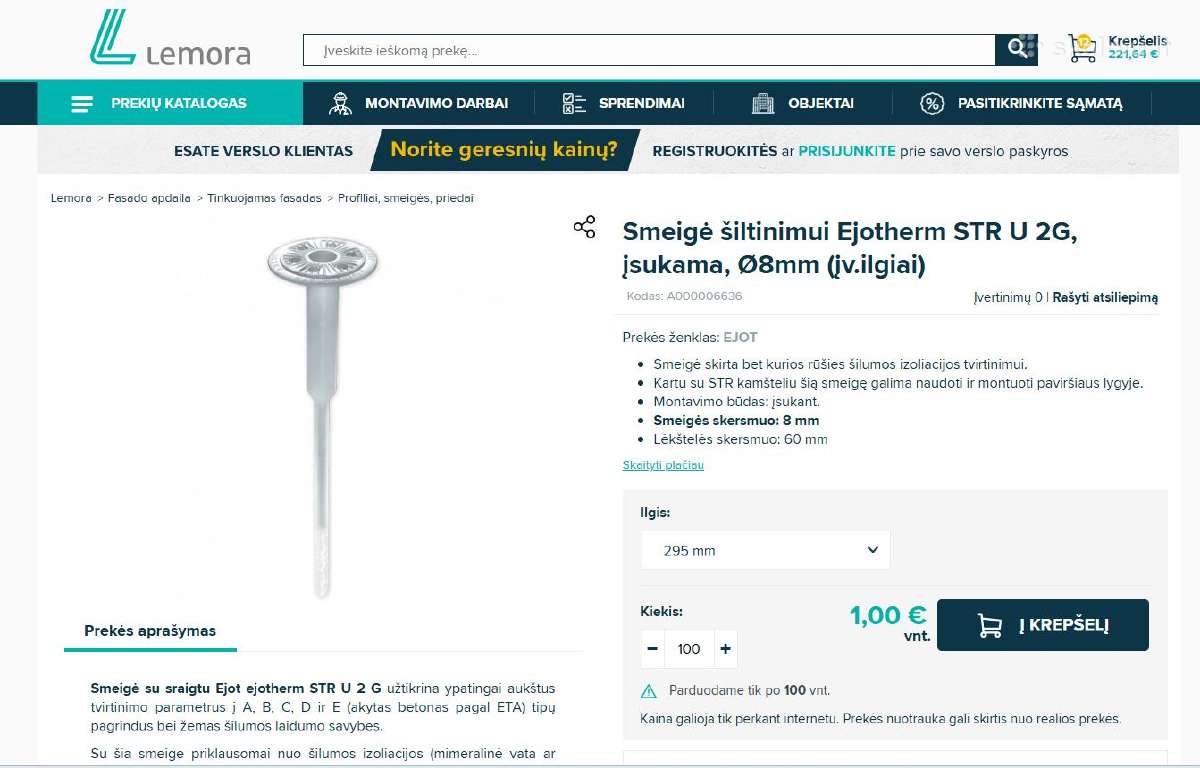 Smeigė šiltinimui Ejotherm Str U 2g, įsukama, 8mm